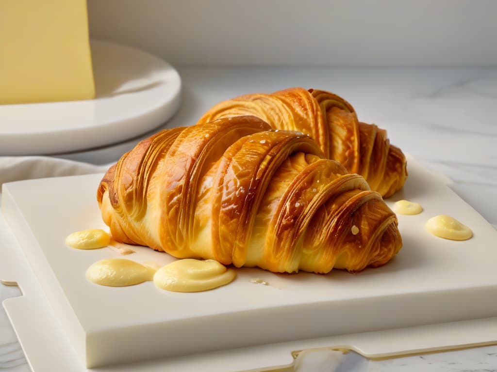  A closeup, ultradetailed image of a perfectly flaky croissant, golden brown and glistening with butter, resting on a sleek, modern marble countertop. The layers of the croissant are visible, showcasing the expertise in baking and the use of highquality ingredients like butter, creating a visually appealing and appetizing image that speaks to the heart of the article's comparison between butter and margarine for baking. hyperrealistic, full body, detailed clothing, highly detailed, cinematic lighting, stunningly beautiful, intricate, sharp focus, f/1. 8, 85mm, (centered image composition), (professionally color graded), ((bright soft diffused light)), volumetric fog, trending on instagram, trending on tumblr, HDR 4K, 8K