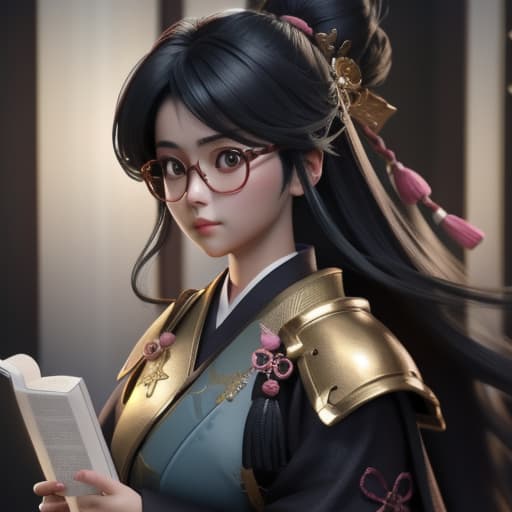  A Christian Holy paladin beautiful girl magical samurai uses katana loves God with her heart, her favorite colors are black, gold and pink, she golden rays come from her body ful body she reads her Bible,wearing glasses you can see her lags , hyperrealistic, high quality, highly detailed, cinematic lighting, intricate, sharp focus, f/1. 8, 85mm, (centered image composition), (professionally color graded), ((bright soft diffused light)), volumetric fog, trending on instagram, HDR 4K, 8K