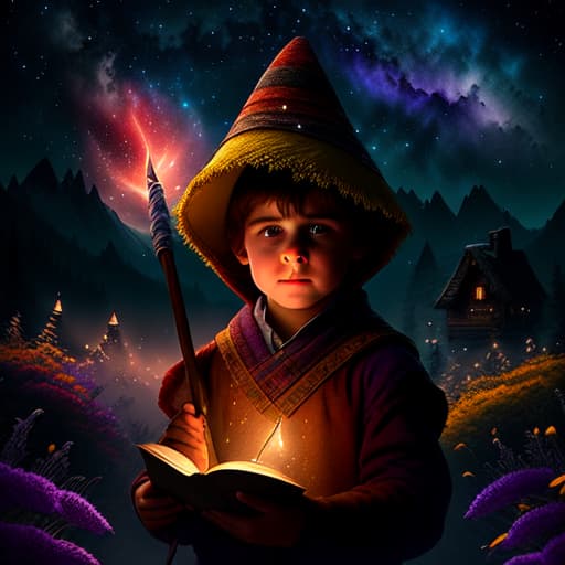  watercolor, storybook, child-book, A young Caucasian boy with brown hair wearing a purple magic hat and holding a red broom, night sky with a crescent moon and yellow stars in the background., best quality, very detailed, high resolution, sharp, sharp image hyperrealistic, full body, detailed clothing, highly detailed, cinematic lighting, stunningly beautiful, intricate, sharp focus, f/1. 8, 85mm, (centered image composition), (professionally color graded), ((bright soft diffused light)), volumetric fog, trending on instagram, trending on tumblr, HDR 4K, 8K