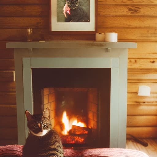 analog style "In the room of a cabin, a cozy fireplace, a cat is in front of the cozy fireplace."