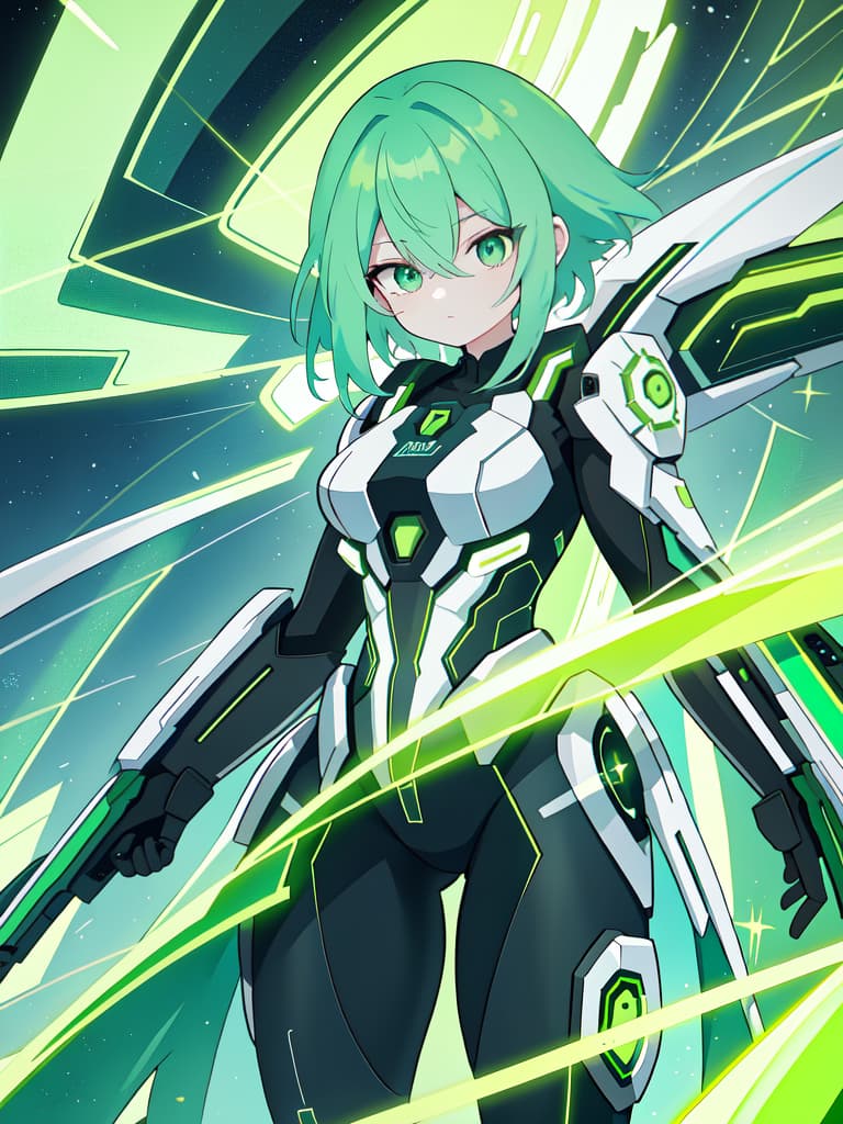  Green hair character electromagnetic pulse, masterpiece, best quality,8k,ultra detailed,high resolution,an extremely delicate and beautiful,hyper detail