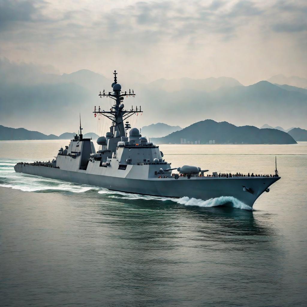  Naval vessel, Fujian-class frigate, open sea environment, centered composition, digital camera, contemporary style, high definition.