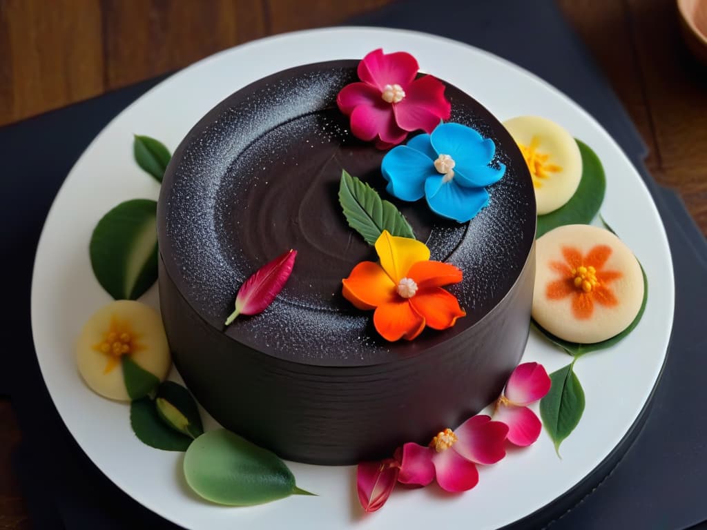  An intricate, closeup shot of a traditional Japanese wagashi confection, featuring delicate layers of colorful mochi, sweet red bean paste, and intricate floral designs, all elegantly arranged on a simple, minimalist black plate. The soft lighting highlights the textures and intricate details of the dessert, showcasing the artistry and precision that goes into creating these delicate Japanese sweets. hyperrealistic, full body, detailed clothing, highly detailed, cinematic lighting, stunningly beautiful, intricate, sharp focus, f/1. 8, 85mm, (centered image composition), (professionally color graded), ((bright soft diffused light)), volumetric fog, trending on instagram, trending on tumblr, HDR 4K, 8K