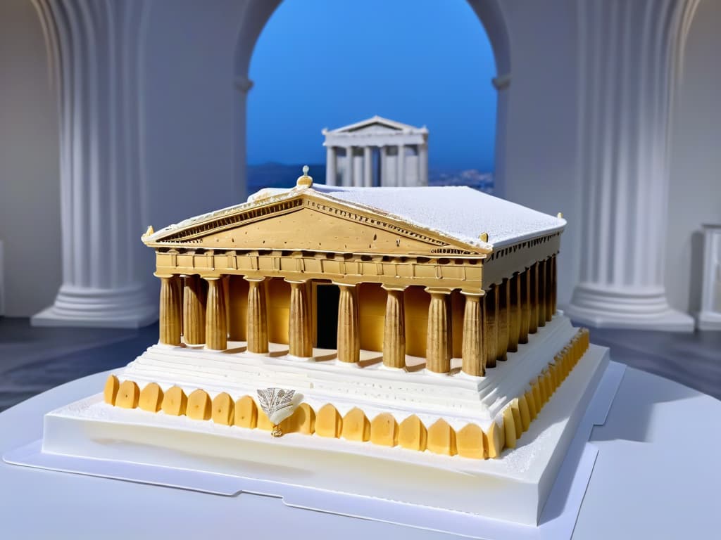  An ultradetailed closeup image of a meticulously crafted dessert replicating the intricate details of the Parthenon in Greece, showcasing the delicate columns, arches, and friezes, all made with edible ingredients like fondant, sugar glass, and edible gold leaf. The dessert is presented on a sleek, white marble platter, with soft natural lighting emphasizing the precision and artistry of the edible architectural masterpiece. hyperrealistic, full body, detailed clothing, highly detailed, cinematic lighting, stunningly beautiful, intricate, sharp focus, f/1. 8, 85mm, (centered image composition), (professionally color graded), ((bright soft diffused light)), volumetric fog, trending on instagram, trending on tumblr, HDR 4K, 8K