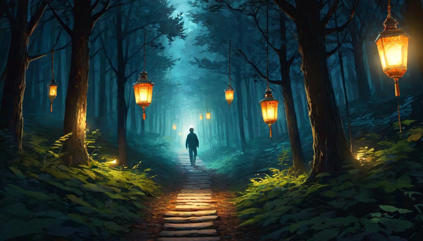  digital illustration, A narrow path through a dark forest, lit only by scattered lanterns, trees casting long shadows, light glowing warmly, mysterious yet guiding, sense of safety in the darkness, peaceful solitude, looking at viewer, dynamic pose, (intricate details, masterpiece, best quality)