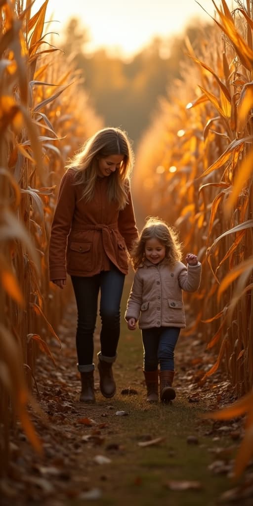  good quality, high quality, mother and her child navigating through a tall corn maze, laughing as they try to find their way out on a crisp autumn afternoon , woman and kid autumn corn maze adventure concept image