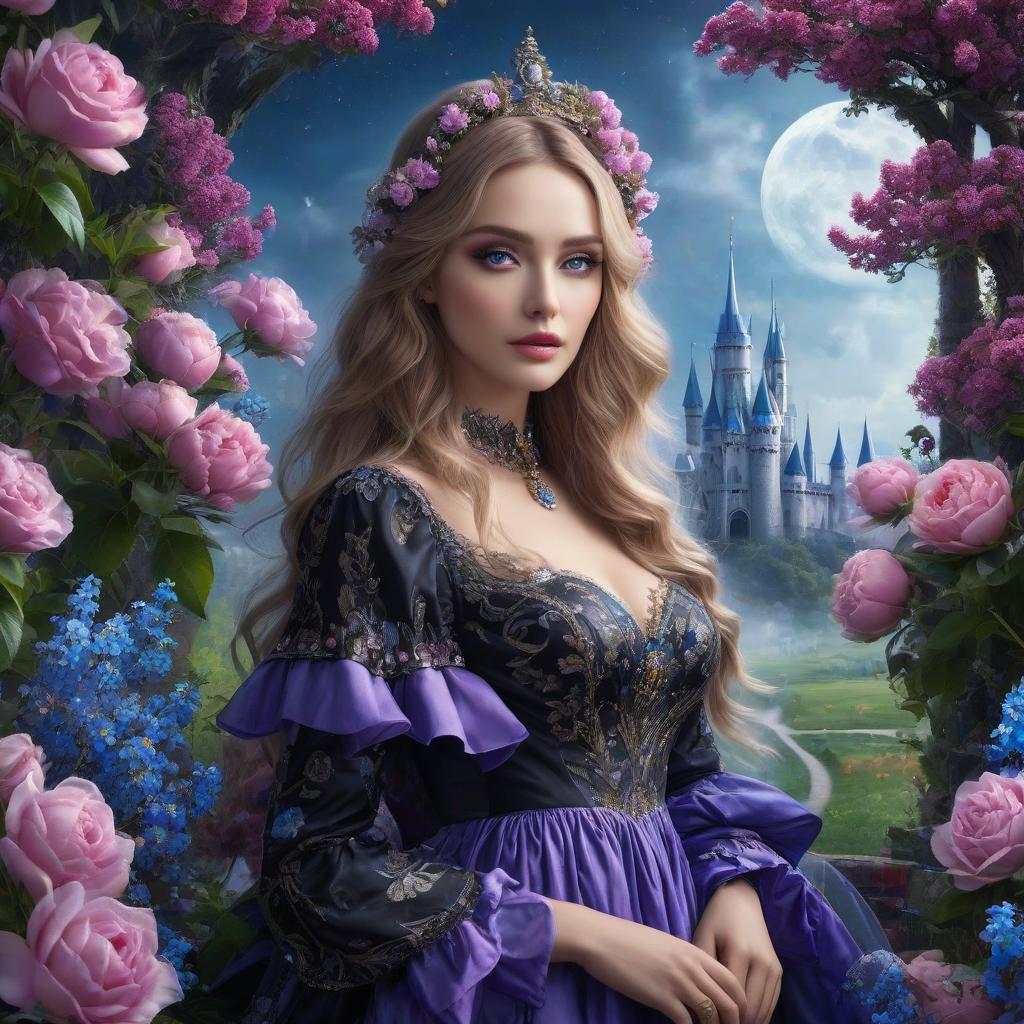  Gothic castle. Flying saucer. Space, fantasy. Purple, blue, silver colors. Moon. The girl in the gold dress. A very pretty girl. Garden of Eden. Rain. Fairy tale blue eyed eagle. Fairy tale blue eyed eagle. ((Sparkling rim)): spring field, hyacinths, roses, rosehips, rose hips, peonies, cherry tree, yellow, red, black flowers, forget me nots. Clear eyes hyperrealistic, full body, detailed clothing, highly detailed, cinematic lighting, stunningly beautiful, intricate, sharp focus, f/1. 8, 85mm, (centered image composition), (professionally color graded), ((bright soft diffused light)), volumetric fog, trending on instagram, trending on tumblr, HDR 4K, 8K