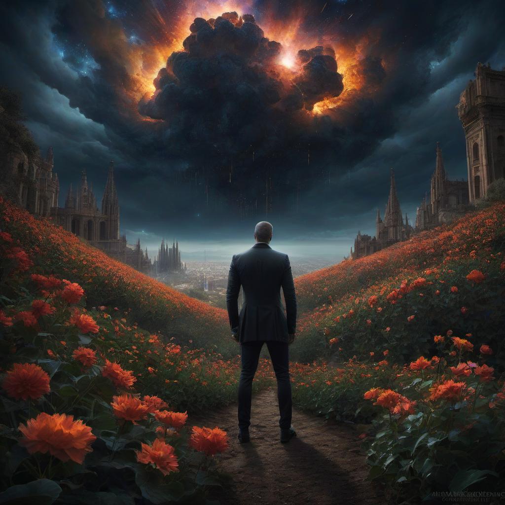  (stylized by Tomasz Alen Kopera:1.3) , dark art, dense flower field and Perseid meteor in background, landscape of a (Barcelona:1.2) , very Bizarre and 1600'S, Hurricane, Glitchcore, Amaro, layered textures, ornate, intricate artistic color, complimentary colors, very inspirational, atmosphere, fine artistic composition, sunny, theatrical hyperrealistic, full body, detailed clothing, highly detailed, cinematic lighting, stunningly beautiful, intricate, sharp focus, f/1. 8, 85mm, (centered image composition), (professionally color graded), ((bright soft diffused light)), volumetric fog, trending on instagram, trending on tumblr, HDR 4K, 8K