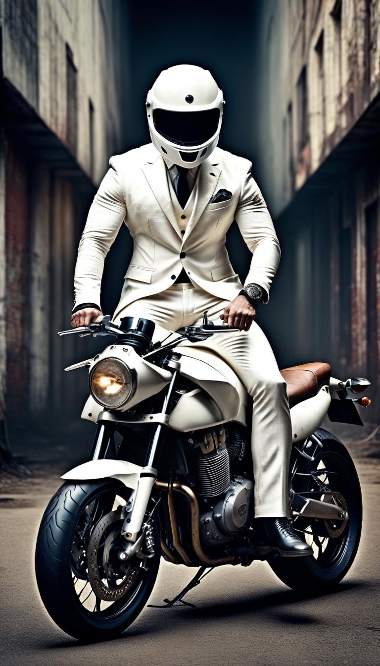  grunge style Draw a doppelganger, a man in a white closed suit in a motorcycle helmet in a grunge style. . textured, distressed, vintage, edgy, punk rock vibe, dirty, noisy hyperrealistic, full body, detailed clothing, highly detailed, cinematic lighting, stunningly beautiful, intricate, sharp focus, f/1. 8, 85mm, (centered image composition), (professionally color graded), ((bright soft diffused light)), volumetric fog, trending on instagram, trending on tumblr, HDR 4K, 8K