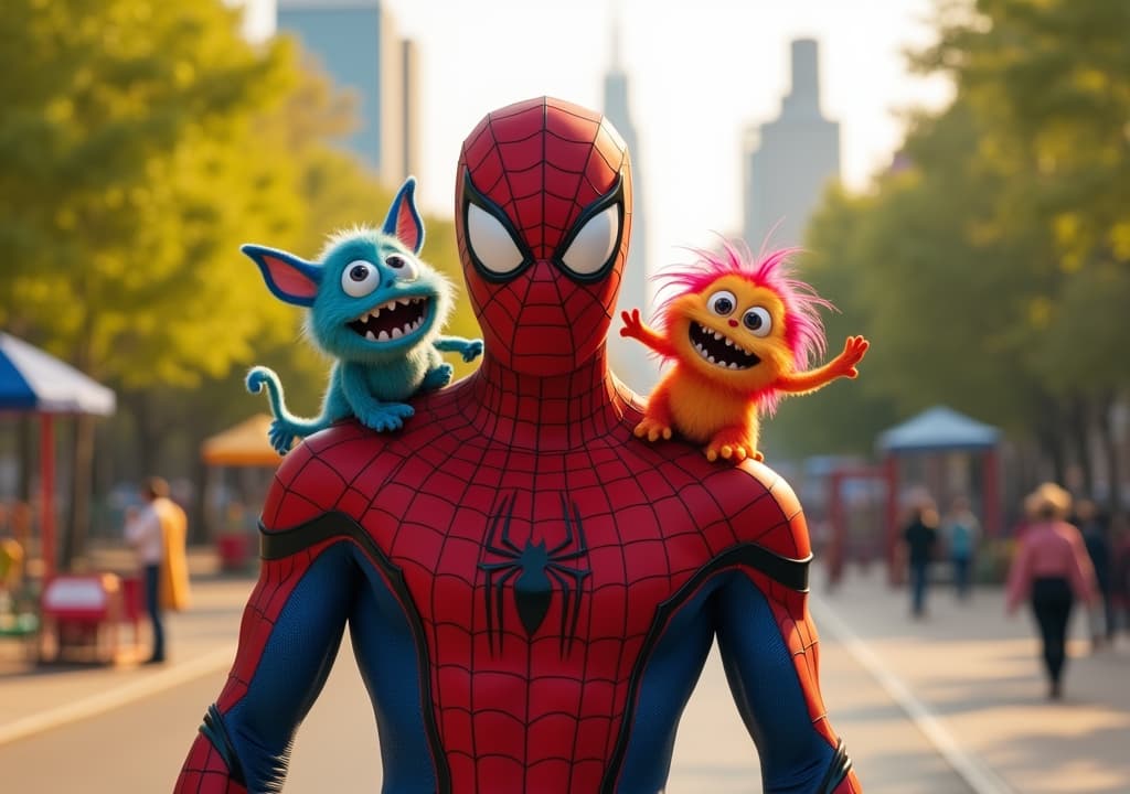  good quality, high quality, a version of spider man, around 1., stands heroically in the center of the image, surrounded by two tiny colorful monsters who are ly interacting with him. spider man is in his clic red and blue suit, his mask slightly tilted, part of his cheek. one monster is sitting on spider man's shoulder, grinning mischievously, while the other is hanging upside down from a spider web, swinging beside him. the background is a vint, colorful city park, with bright green trees, a playground, and the city skyline visible in the distance. the sunlight es the scene in a warm, golden glow, giving a joyful and adventurous atmosphere. spider man and the monsters are the focal poi