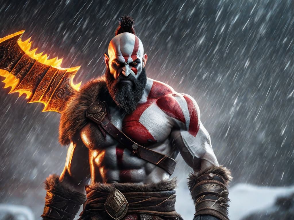  A powerful image of the iconic character Kratos, wielding his axe and standing amidst a fierce snowstorm, capturing the essence of the upcoming release of God of War: Ragnarök for PC. The intensity in his eyes and the swirling snow convey the impending epic adventure awaiting players on their gaming rigs.digital art, ilustration hyperrealistic, full body, detailed clothing, highly detailed, cinematic lighting, stunningly beautiful, intricate, sharp focus, f/1. 8, 85mm, (centered image composition), (professionally color graded), ((bright soft diffused light)), volumetric fog, trending on instagram, trending on tumblr, HDR 4K, 8K