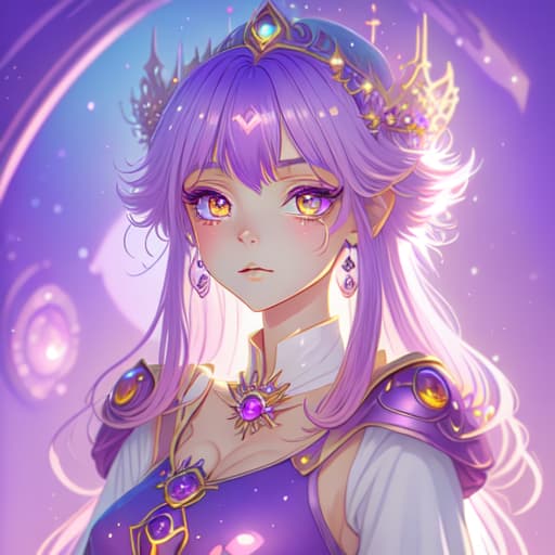 in OliDisco style beautiful anime girl. huge bobs. wearing a purple and pink crystal dress. princess of moonlight fantasy world. with pink hair and pink eyes. wearing a purple gemstone crown on he heard against .