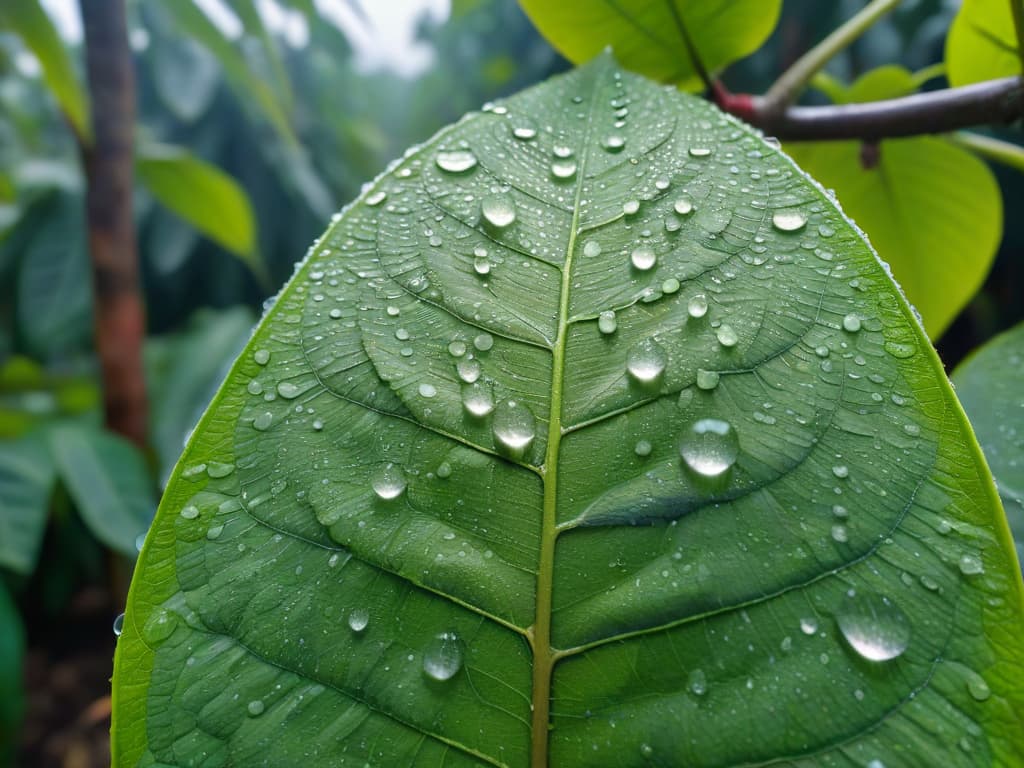  A closeup, ultradetailed image of a vibrant, luscious green cocoa tree leaf covered in sparkling dew drops, set against a blurred background of a sustainable cocoa plantation. The intricate veins of the leaf are sharply defined, showcasing the beauty and complexity of nature in its purest form, embodying the essence of sustainable cultivation practices in the production of ingredients. hyperrealistic, full body, detailed clothing, highly detailed, cinematic lighting, stunningly beautiful, intricate, sharp focus, f/1. 8, 85mm, (centered image composition), (professionally color graded), ((bright soft diffused light)), volumetric fog, trending on instagram, trending on tumblr, HDR 4K, 8K