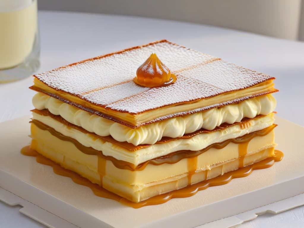  An ultradetailed closeup image showcasing the intricate layers of a perfectly crafted millefeuille pastry, with delicate golden puff pastry, smooth vanilla pastry cream, and a thin layer of glossy caramel on top, all elegantly presented on a pristine white plate. hyperrealistic, full body, detailed clothing, highly detailed, cinematic lighting, stunningly beautiful, intricate, sharp focus, f/1. 8, 85mm, (centered image composition), (professionally color graded), ((bright soft diffused light)), volumetric fog, trending on instagram, trending on tumblr, HDR 4K, 8K