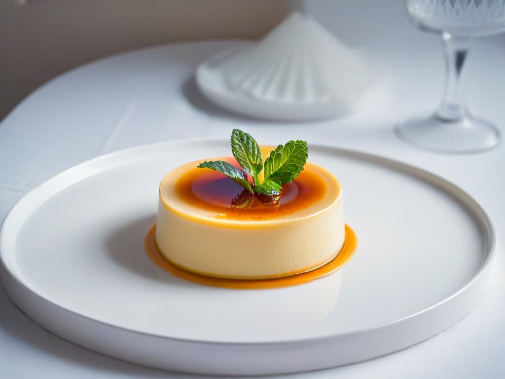  A closeup, ultradetailed image of a rich, creamy flan parisino with a perfectly caramelized top, adorned with a delicate sprig of fresh mint on a sleek, modern white plate. hyperrealistic, full body, detailed clothing, highly detailed, cinematic lighting, stunningly beautiful, intricate, sharp focus, f/1. 8, 85mm, (centered image composition), (professionally color graded), ((bright soft diffused light)), volumetric fog, trending on instagram, trending on tumblr, HDR 4K, 8K