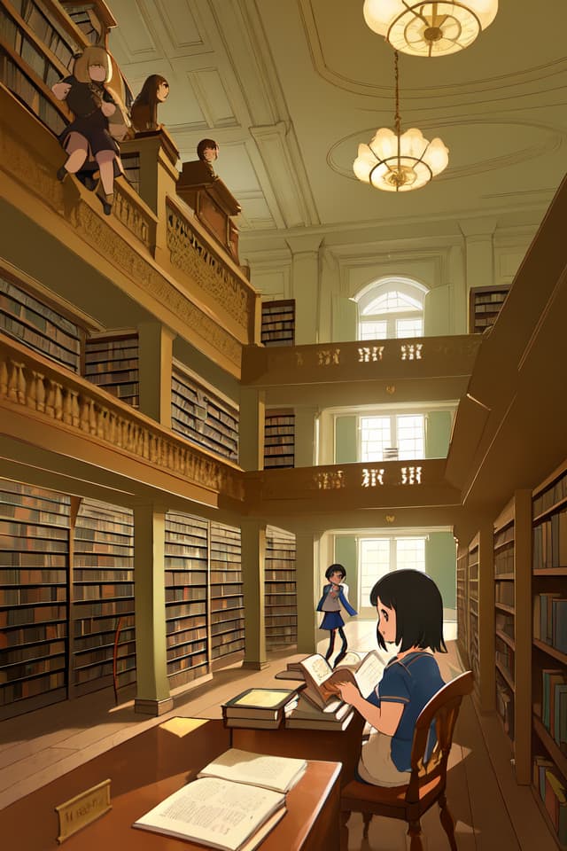  Library room, book, girl