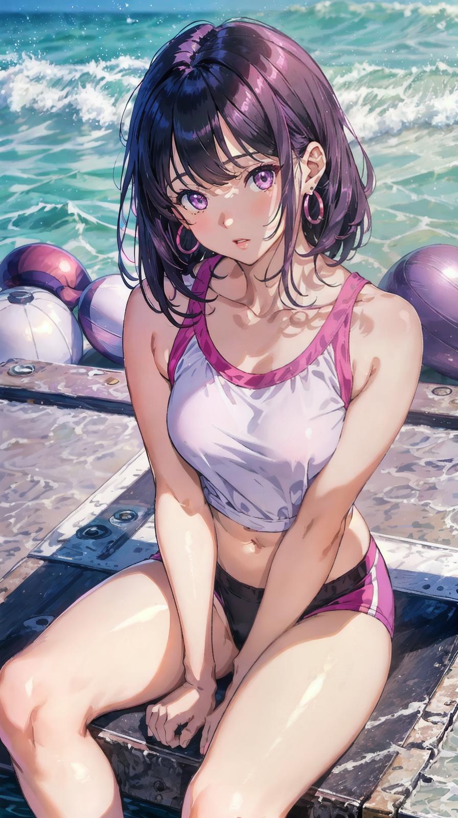  master piece , best quality,Evening seaside JK, black hair, hair inner color vivid pink, medium hair, light purple eyes, seductive upward glance, slightly red cheeks, thin earrings, sitting in gym, white thin clothes, thin clothing, beautiful collarbone