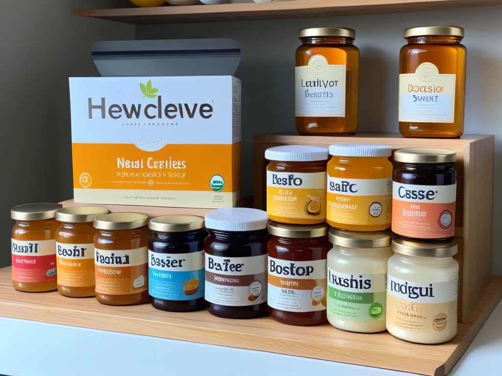  A closeup, ultradetailed image of a variety of lowcalorie sweeteners commonly used in baking, arranged neatly on a sleek, modern kitchen countertop. Each sweetener is meticulously labeled with its name in elegant typography, showcasing a range of options for healthconscious bakers. The soft natural light filtering through a nearby window highlights the textures and subtle differences in packaging, emphasizing the diverse selection available for creating delicious, guiltfree treats. hyperrealistic, full body, detailed clothing, highly detailed, cinematic lighting, stunningly beautiful, intricate, sharp focus, f/1. 8, 85mm, (centered image composition), (professionally color graded), ((bright soft diffused light)), volumetric fog, trending on instagram, trending on tumblr, HDR 4K, 8K