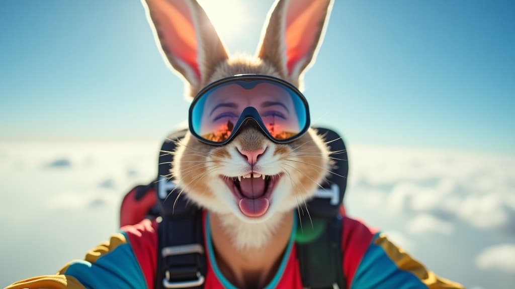  good quality, high quality, a happy bunny in goggles skydives with a big smile.