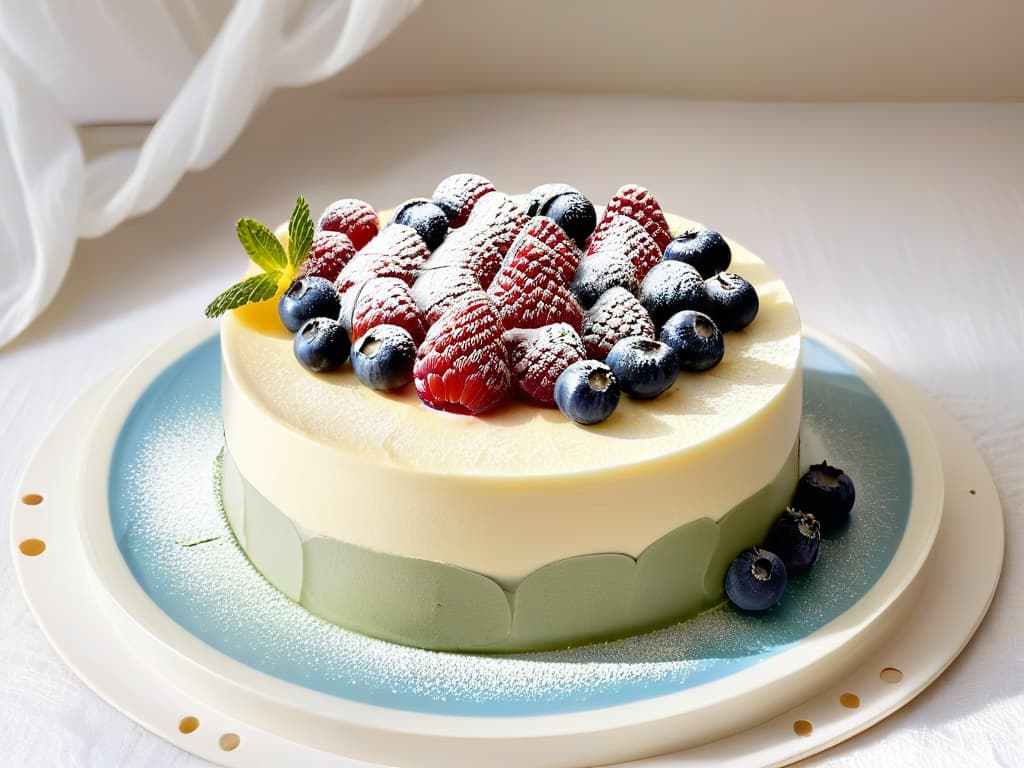  A stunning, ultradetailed image of a beautifully crafted bavarois dessert sitting on a sleek, modern plate. The bavarois is perfectly layered with vibrant fruits like raspberries and blueberries, topped with delicate mint leaves for an elegant touch. The smooth texture of the dessert reflects the light, showcasing its light and airy consistency. The plate is set against a simple, monochromatic backdrop to emphasize the artistry and sophistication of this healthy bavarois creation. hyperrealistic, full body, detailed clothing, highly detailed, cinematic lighting, stunningly beautiful, intricate, sharp focus, f/1. 8, 85mm, (centered image composition), (professionally color graded), ((bright soft diffused light)), volumetric fog, trending on instagram, trending on tumblr, HDR 4K, 8K