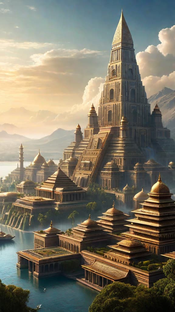  (A grand, ornate city skyline with towering, intricately designed buildings and structures in a unique architectural style not seen in modern times. The buildings appear to be powered by some form of atmospheric energy, with a subtle glow or haze surrounding them. In the background, there are sweeping landscapes, possibly mountains or a vast body of water, suggesting an advanced ancient civilization thriving in a picturesque setting. The overall scene conveys a sense of technological and architectural sophistication that has been lost to time, hinting at the suppressed knowledge of the Tartarian Empire.) hyperrealistic, full body, detailed clothing, highly detailed, cinematic lighting, stunningly beautiful, intricate, sharp focus, f/1. 8, 85mm, (centered image composition), (professionally color graded), ((bright soft diffused light)), volumetric fog, trending on instagram, trending on tumblr, HDR 4K, 8K