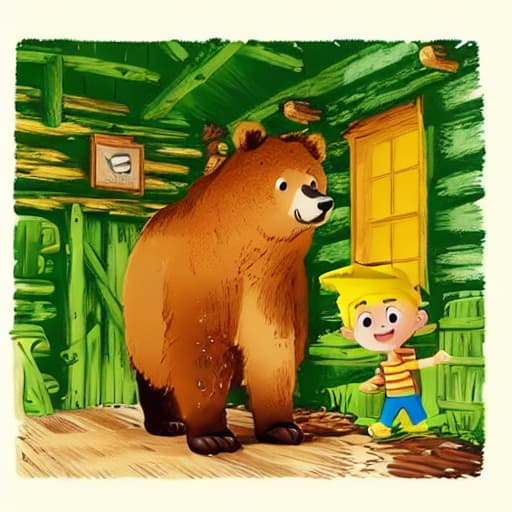  a boy with yellow hat and brown shirt and green pants, bear standing, in cabin