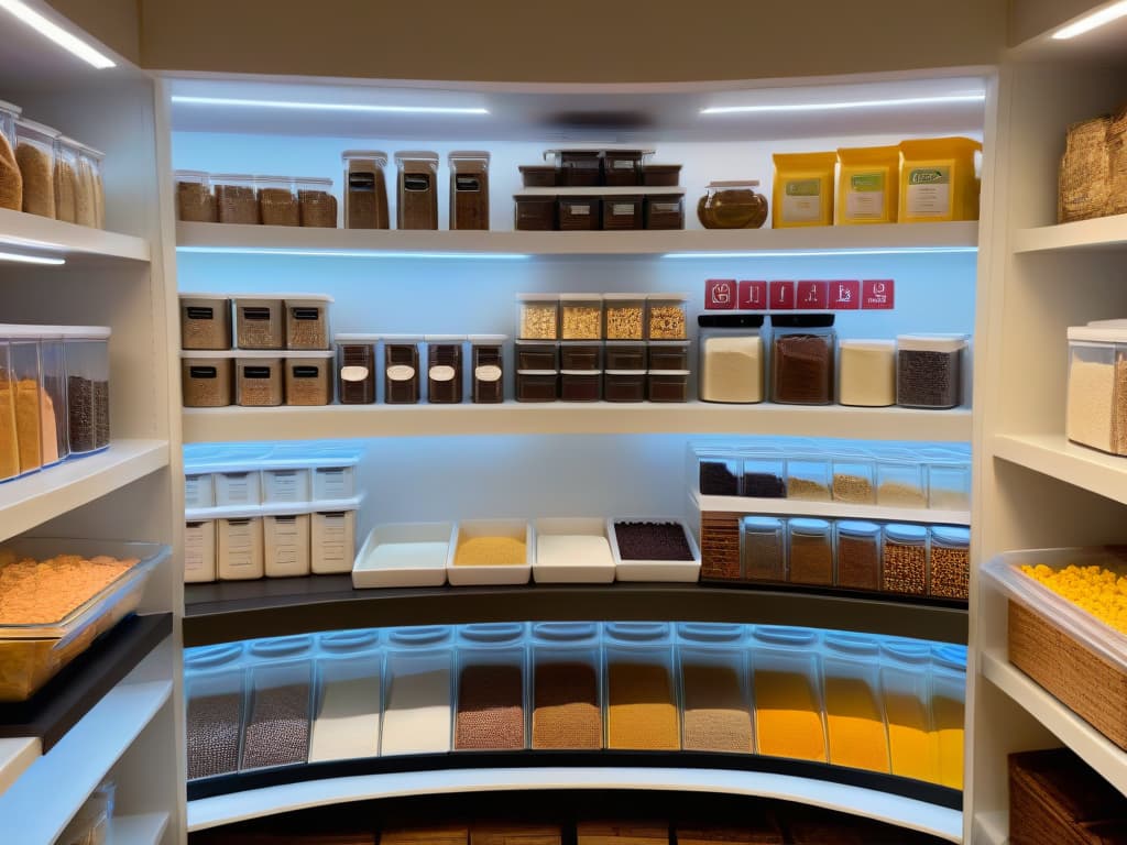  A minimalist, highresolution image of a pristine, organized pantry dedicated to baking ingredients. Shelves neatly lined with clear, labeled containers filled with flour, sugar, chocolate chips, and colorful sprinkles. The backdrop is a soft, neutral color to highlight the vibrant hues of the ingredients. The lighting is natural and soft, casting gentle shadows that add depth to the image. The overall aesthetic is clean, inviting, and visually appealing, embodying the essence of professional and organized ingredient storage. hyperrealistic, full body, detailed clothing, highly detailed, cinematic lighting, stunningly beautiful, intricate, sharp focus, f/1. 8, 85mm, (centered image composition), (professionally color graded), ((bright soft diffused light)), volumetric fog, trending on instagram, trending on tumblr, HDR 4K, 8K