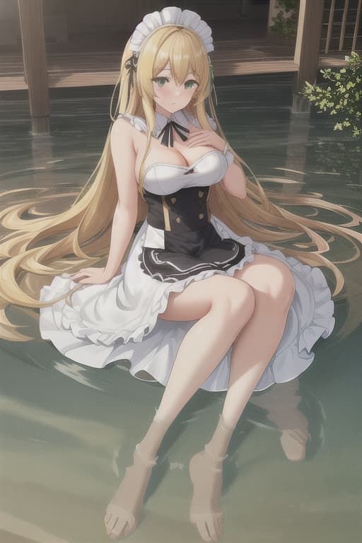  (score 9,score 8 up,score 7 up,),1girl,solo,maid,maid headdress,looking at viewer,outdoor,lake,apron,blonde hair,indoors,green eyes,bare foot,two feet in the water hyperrealistic, full body, detailed clothing, highly detailed, cinematic lighting, stunningly beautiful, intricate, sharp focus, f/1. 8, 85mm, (centered image composition), (professionally color graded), ((bright soft diffused light)), volumetric fog, trending on instagram, trending on tumblr, HDR 4K, 8K