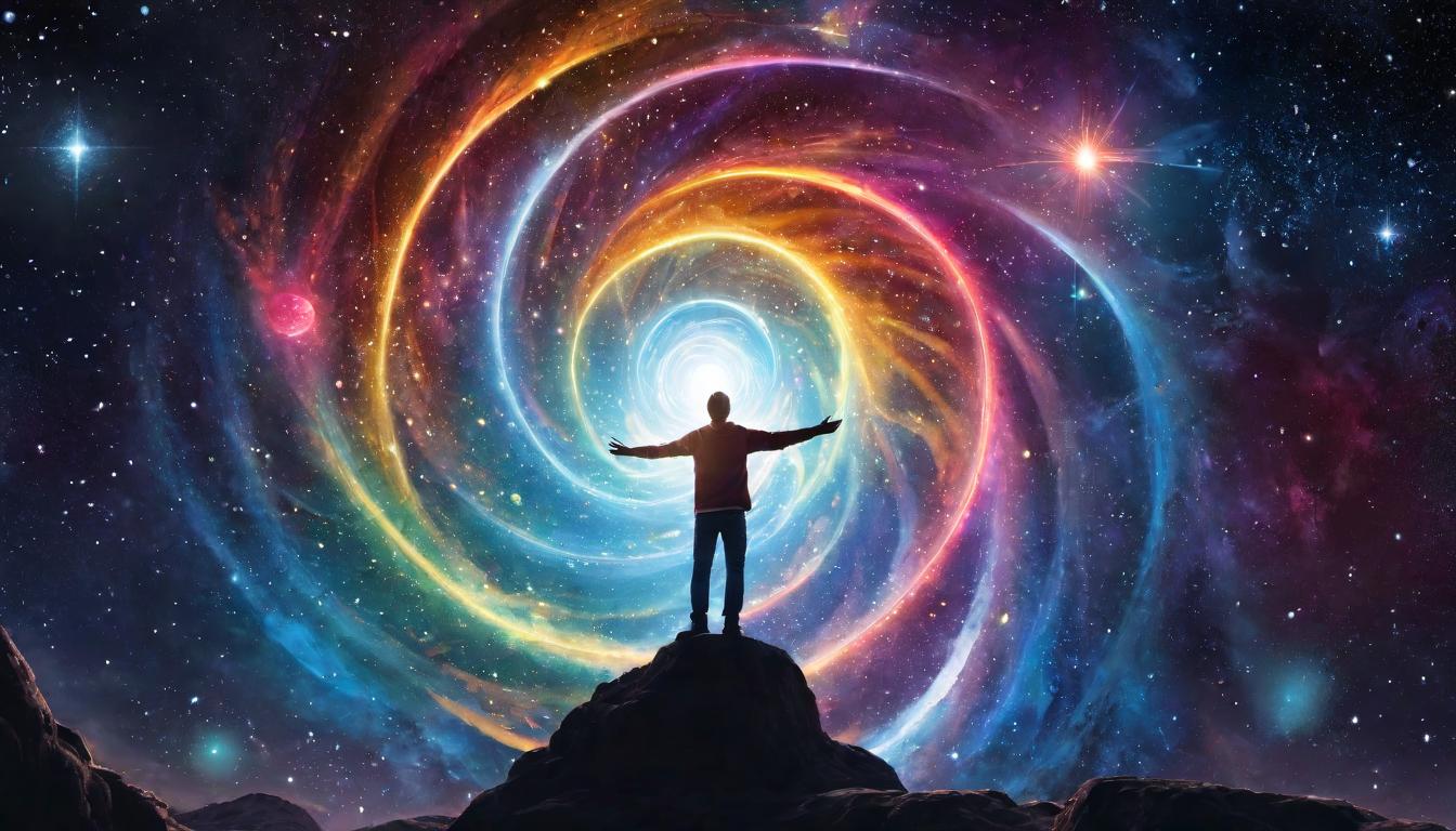  digital illustration, A figure reaching for a glowing star, surrounded by a spiral of celestial bodies, sacred mission, cosmic alignment, stars as milestones, celestial journey, reaching for destiny, profound aspiration, looking at viewer, dynamic pose, (intricate details, masterpiece, best quality)