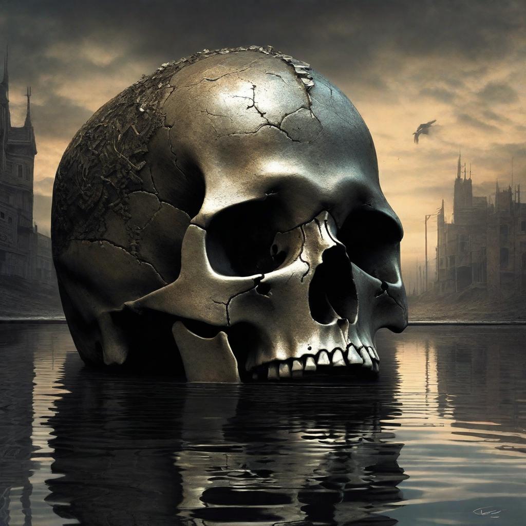  Generate an image inspired by the description of a human skull monument, shaped in the style of Z. Beksinski, reflected in the water in an environment with very high reflex image. The image should have intricate details and a haunting atmosphere, set in a decaying cityscape with an emphasis on darkness, shadows, and distorted shapes.