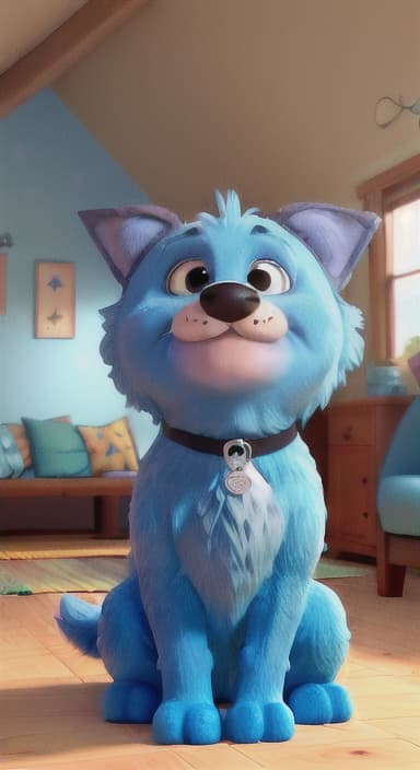  {Max snuggled up in his comfy dog bed inside the house, fast asleep, The big blue dog is large with sky blue fur, big round eyes, a black nose, and floppy ears.