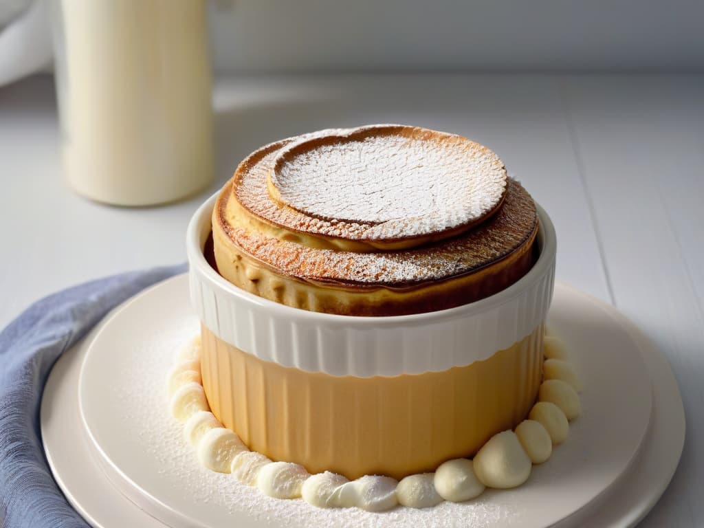  An ultradetailed closeup image of a perfectly risen, goldenbrown soufflé emerging beautifully from a ceramic ramekin, showcasing its delicate texture and airy structure. The surface is lightly dusted with a sprinkle of powdered sugar, and you can see tiny glistening sugar crystals catching the light. The background is softly blurred to emphasize the soufflé's elegance, making it the focal point of the image. hyperrealistic, full body, detailed clothing, highly detailed, cinematic lighting, stunningly beautiful, intricate, sharp focus, f/1. 8, 85mm, (centered image composition), (professionally color graded), ((bright soft diffused light)), volumetric fog, trending on instagram, trending on tumblr, HDR 4K, 8K