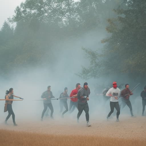 analog style A students running for their life outside the school in the middle of zombie apocalypse. some are holding baseball bat as their weapon. then while some students are fighting a zombie. they are forming like a circle. in the middle of the circle are some students holding weapons too. hyperrealistic, full body, detailed clothing, highly detailed, cinematic lighting, stunningly beautiful, intricate, sharp focus, f/1. 8, 85mm, (centered image composition), (professionally color graded), ((bright soft diffused light)), volumetric fog, trending on instagram, trending on tumblr, HDR 4K, 8K