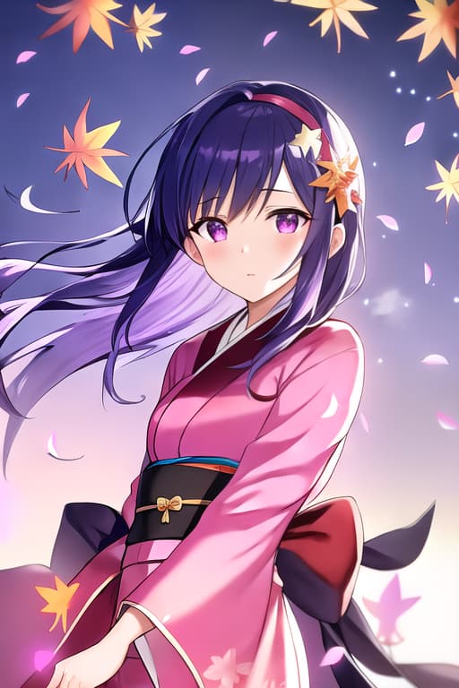  (((masterpiece))) 1girl, pink kimono kamado nezuko  high resolution, looking at viewer, beautiful detailed background, solo, upper body, (((wind blowing))) glowing light, (((falling leaves))), (((light particles))) ((debris)), (( Dark blue hair )), (( purple eyes ))