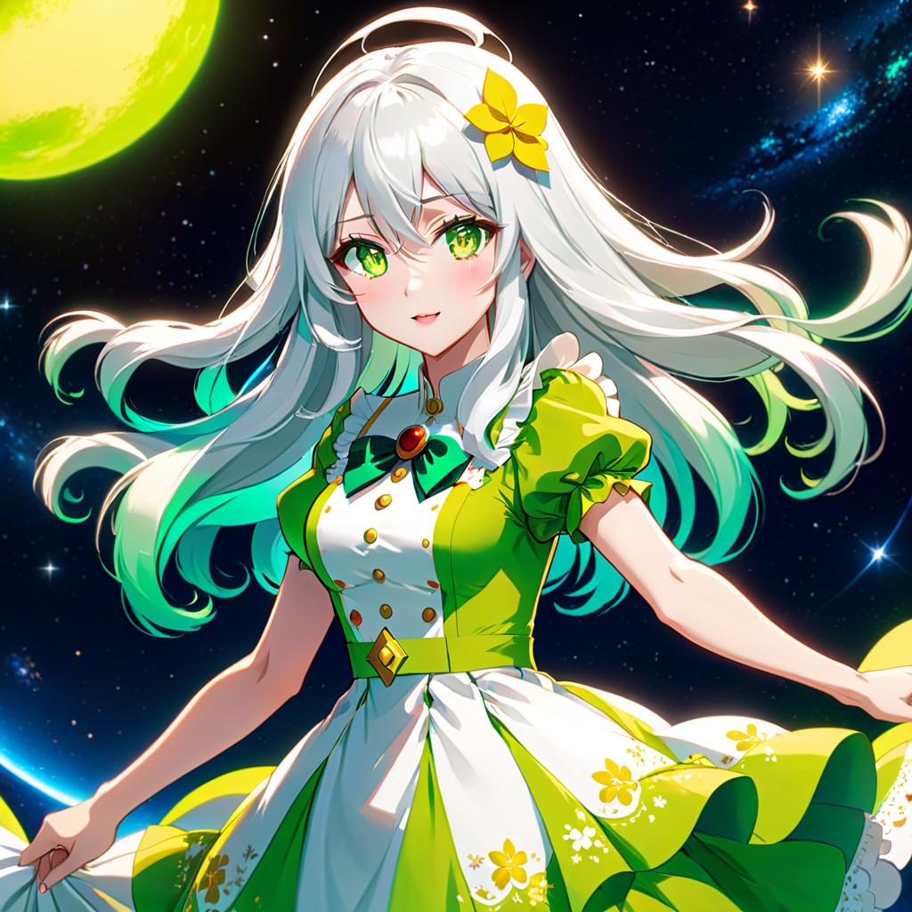  anime artwork A with bright green eyes, long snow white hair with green tips, and a cheerful yellow skin, wearing a dress with a short of white green color with a modest middle part, in space. . anime style, key visual, vint, studio anime, highly detailed hyperrealistic, full body, detailed clothing, highly detailed, cinematic lighting, stunningly beautiful, intricate, sharp focus, f/1. 8, 85mm, (centered image composition), (professionally color graded), ((bright soft diffused light)), volumetric fog, trending on instagram, trending on tumblr, HDR 4K, 8K