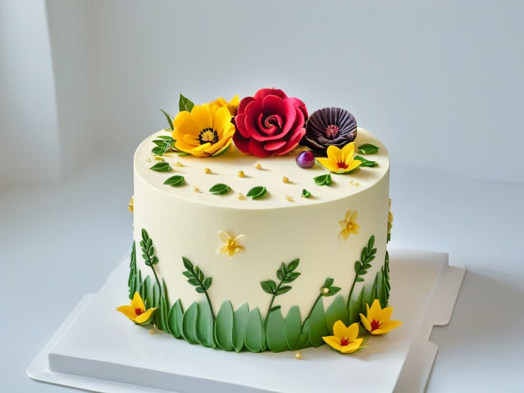  A minimalist image of a beautifully decorated vegan cake at a global pastry festival, showcasing intricate details like delicate sugar flowers and precise piping work. The cake is elegantly displayed on a simple white platter against a soft, neutral background, emphasizing the artistry and creativity behind vegan pastrymaking on the international stage. hyperrealistic, full body, detailed clothing, highly detailed, cinematic lighting, stunningly beautiful, intricate, sharp focus, f/1. 8, 85mm, (centered image composition), (professionally color graded), ((bright soft diffused light)), volumetric fog, trending on instagram, trending on tumblr, HDR 4K, 8K