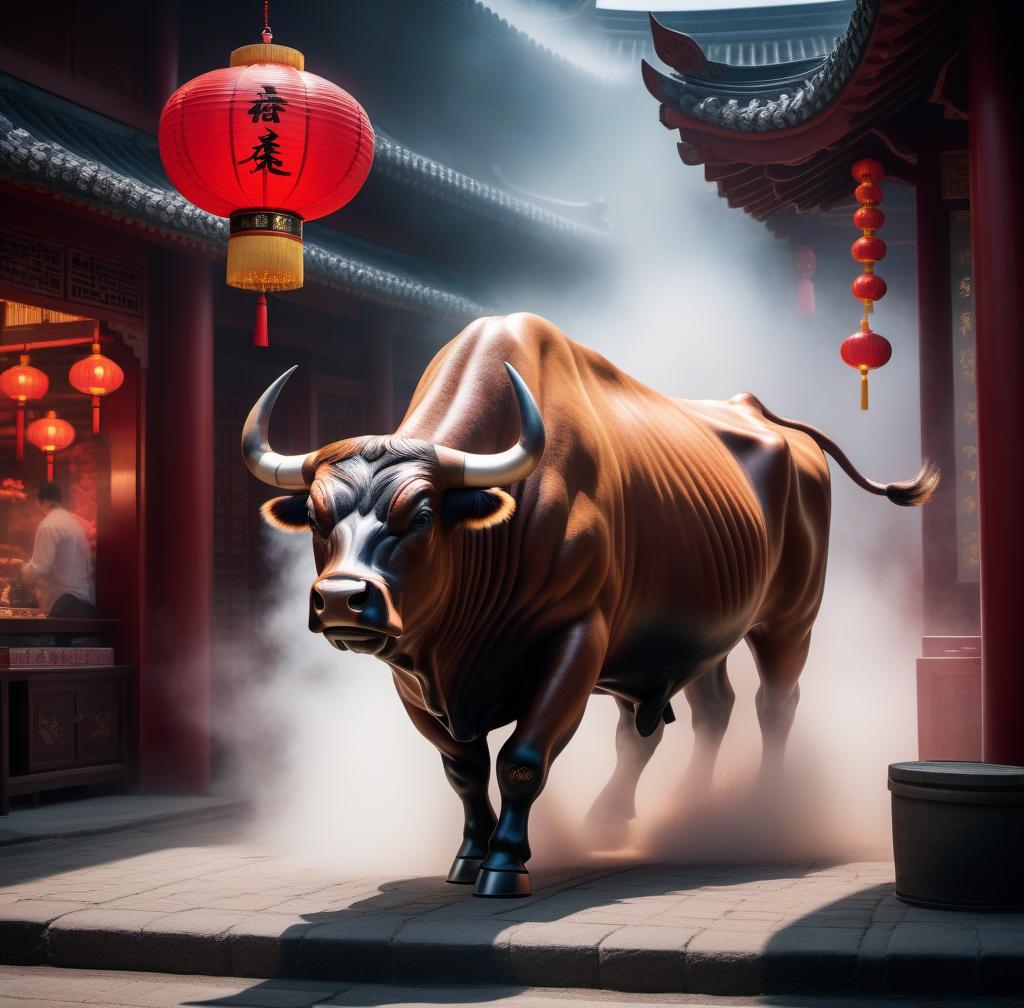  bull destroying a china shop hyperrealistic, full body, detailed clothing, highly detailed, cinematic lighting, stunningly beautiful, intricate, sharp focus, f/1. 8, 85mm, (centered image composition), (professionally color graded), ((bright soft diffused light)), volumetric fog, trending on instagram, trending on tumblr, HDR 4K, 8K