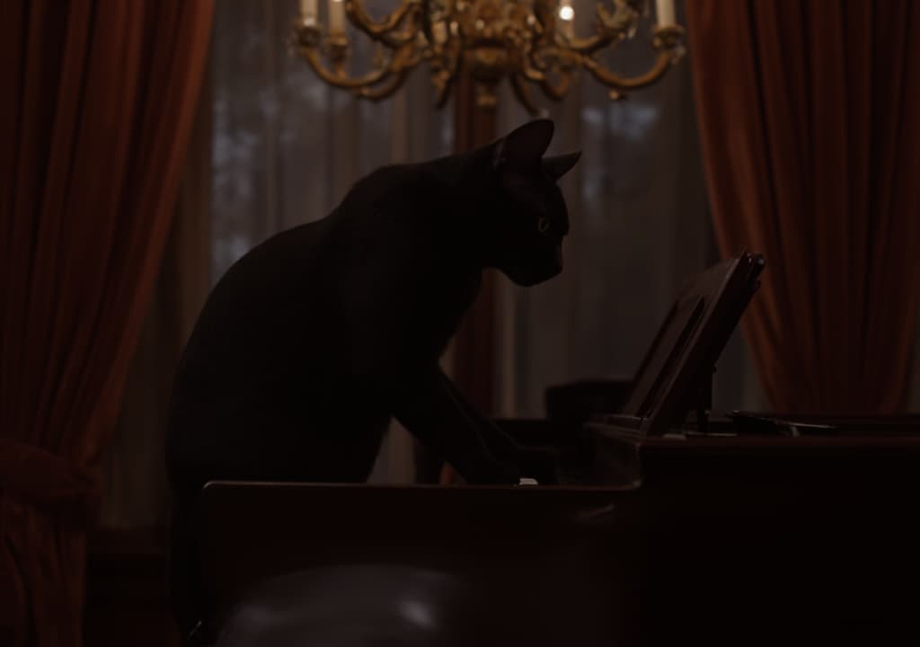  good quality, high quality, a cat, sitting upright on a grand piano, with its paws delicately pressing the keys. the setting is a luxurious, dimly lit room with velvet curtains and a chandelier overhead. the cat is a sleek, black feline with a shiny coat, and its eyes are focused intently on the keys as if it’s deeply engrossed in the music. the piano is polished to a high sheen, reflecting the soft glow of the chandelier, and there’s a faint sense of magic in the air.