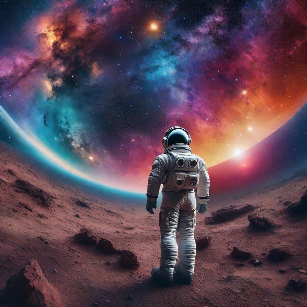  masterpiece, best quality, A lone astronaut stands on the surface of a distant planet, gazing up at the vast expanse of stars. The swirling colors of a distant nebula paint the sky, creating an otherworldly atmosphere. The astronaut's suit reflects the light, giving a sense of the harshness and beauty of space. The photograph is captured in high dynamic range, with rich colors and sharp details, giving it a photorealistic quality. Realization: Fujifilm Pro 400H.