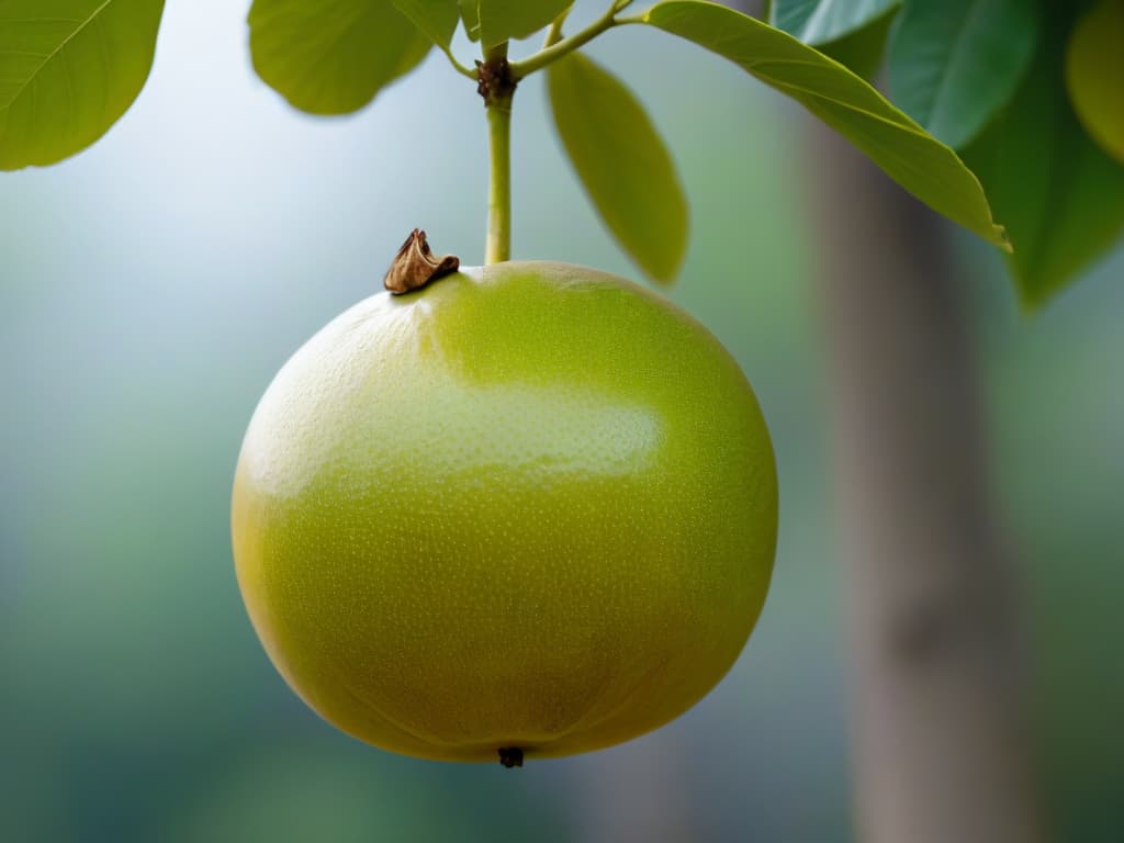  A closeup, ultradetailed image of a single ripe monk fruit hanging from a branch, showcasing its distinctive round shape and wrinkled, light brown skin. The background is softly blurred to bring focus to the fruit, allowing the viewer to appreciate its natural beauty and unique features. hyperrealistic, full body, detailed clothing, highly detailed, cinematic lighting, stunningly beautiful, intricate, sharp focus, f/1. 8, 85mm, (centered image composition), (professionally color graded), ((bright soft diffused light)), volumetric fog, trending on instagram, trending on tumblr, HDR 4K, 8K