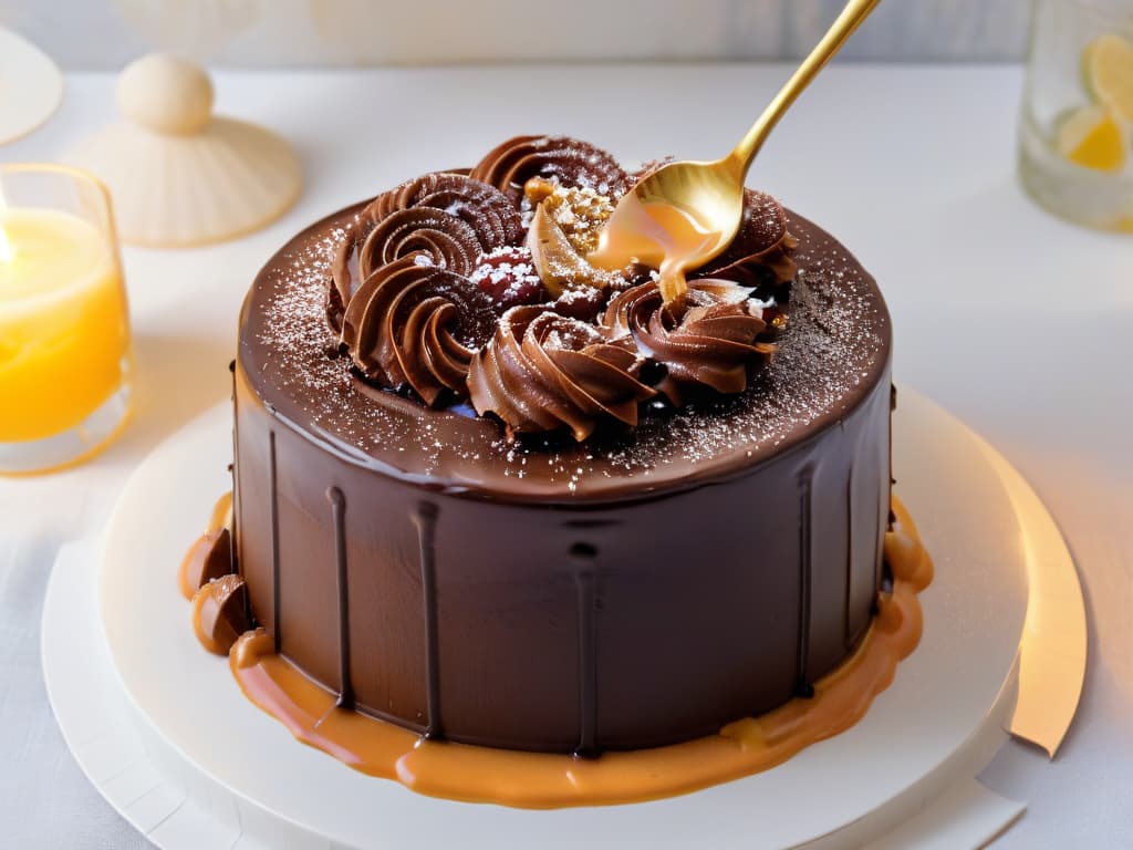  A closeup, ultradetailed image of a luscious chocolate cake being drizzled with a rich, golden ruminfused caramel sauce. The sauce cascades down the sides of the cake, glistening under soft lighting to highlight its decadent texture and the intricate swirls created as it blends with the chocolatey base. The minimalist composition focuses solely on the cake and sauce, showcasing the depth of flavors and the luxurious experience of pairing rum with sweet desserts. hyperrealistic, full body, detailed clothing, highly detailed, cinematic lighting, stunningly beautiful, intricate, sharp focus, f/1. 8, 85mm, (centered image composition), (professionally color graded), ((bright soft diffused light)), volumetric fog, trending on instagram, trending on tumblr, HDR 4K, 8K