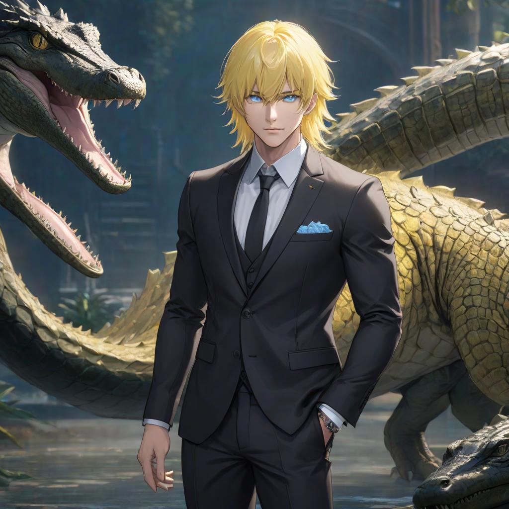  Anime, a handsome man in a black classical suit with grey blue eyes and yellow silver hair, with a crocodile's tail behind him. hyperrealistic, full body, detailed clothing, highly detailed, cinematic lighting, stunningly beautiful, intricate, sharp focus, f/1. 8, 85mm, (centered image composition), (professionally color graded), ((bright soft diffused light)), volumetric fog, trending on instagram, trending on tumblr, HDR 4K, 8K