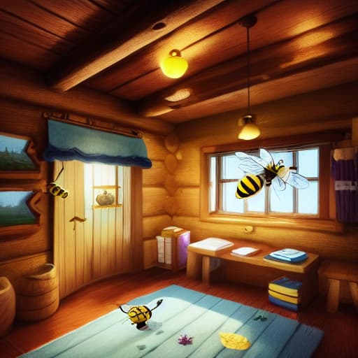  A bee is flying in from the window, in the cabin, dimly lit