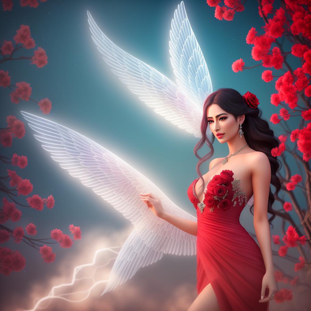  Create a 32k ultra-high-detail image of an ethereal being with delicate wings, a glowing halo. She wears beautiful translucent red dress decorated with ruby and jewelry. She holds a radiant rose, surrounded by a mystic forest backdrop. Her celestial aura should be captured in a photorealistic style, making it a clear, vivid masterpiece., fantasy art, hyper detailed, beautiful, (high detailed skin:1.2), 8k uhd, dslr, soft lighting, high quality, film grain, Fujifilm XT3 hyperrealistic, full body, detailed clothing, highly detailed, cinematic lighting, stunningly beautiful, intricate, sharp focus, f/1. 8, 85mm, (centered image composition), (professionally color graded), ((bright soft diffused light)), volumetric fog, trending on instagram, trending on tumblr, HDR 4K, 8K