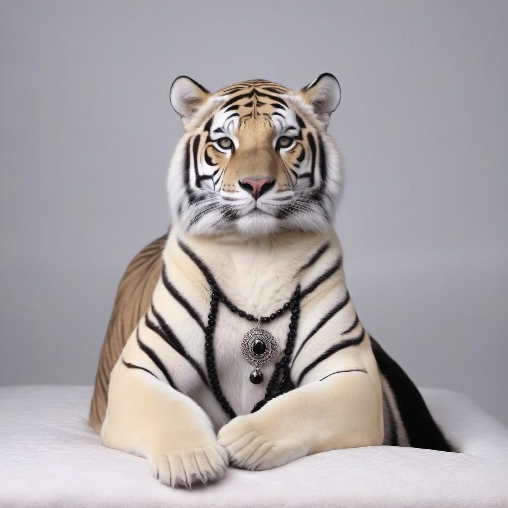  The is a white tigress, in a black , lies on white pillows, in the outfit of the goddess Cleopatra.Climt style