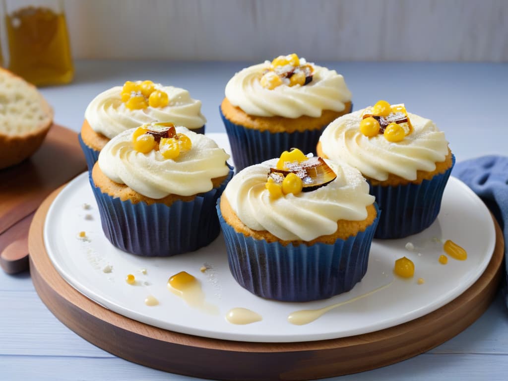  A closeup, ultradetailed image of a freshly baked blue corn muffin, topped with a drizzle of honey and a sprinkle of blue corn kernels. The muffin is placed on a sleek, modern white plate, set against a soft, blurred background to emphasize the texture and color of the muffin. The lighting is natural and soft, highlighting the golden crust and the vibrant blue hue of the cornmeal. hyperrealistic, full body, detailed clothing, highly detailed, cinematic lighting, stunningly beautiful, intricate, sharp focus, f/1. 8, 85mm, (centered image composition), (professionally color graded), ((bright soft diffused light)), volumetric fog, trending on instagram, trending on tumblr, HDR 4K, 8K