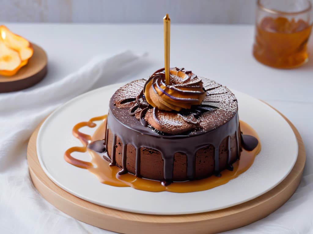  A closeup, photorealistic image of a decadent gingerinfused chocolate lava cake being delicately drizzled with a glossy gingerinfused caramel sauce. The rich, dark chocolate cake oozes with warm, molten filling, while the caramel sauce glistens under a soft, ambient light, highlighting the intricate swirls and the subtle golden hue of the ginger. The background is elegantly blurred, focusing all attention on the exquisite dessert, evoking a sense of indulgence and sophistication. hyperrealistic, full body, detailed clothing, highly detailed, cinematic lighting, stunningly beautiful, intricate, sharp focus, f/1. 8, 85mm, (centered image composition), (professionally color graded), ((bright soft diffused light)), volumetric fog, trending on instagram, trending on tumblr, HDR 4K, 8K