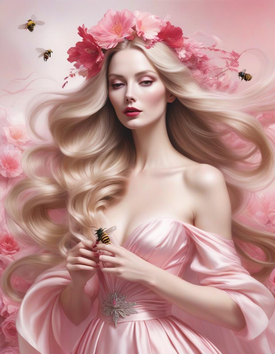  Illustration, Stephen Mackay, a masterpiece, a beautiful woman with a pale face and white cream blush, holding a pink mask in her hand. Woman with long flowing hair and flowers in her hair, in a dress of pink and red colors, with a brooch in the shape of a bee made of thin silver wire, a pink veil fluttering slightly in the wind, baroque chiaroscuro, a delightful pink star veil in the background, surrealism , baroque, elegant, dark muted colors hyperrealistic, full body, detailed clothing, highly detailed, cinematic lighting, stunningly beautiful, intricate, sharp focus, f/1. 8, 85mm, (centered image composition), (professionally color graded), ((bright soft diffused light)), volumetric fog, trending on instagram, trending on tumblr, HDR 4K, 8K