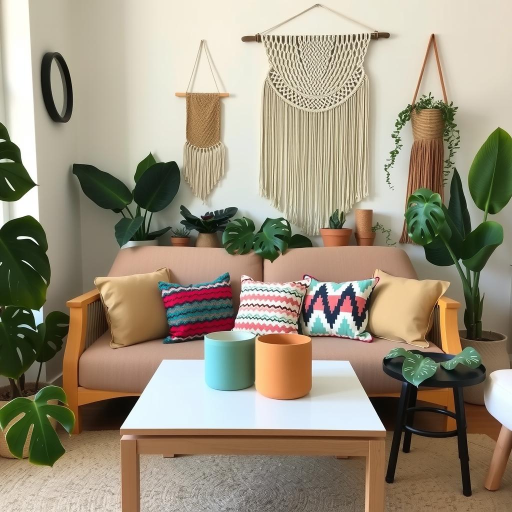  boho living room filled with vibrant indoor plants of various sizes such as fiddle leaf figs and snake plants, colorful patterned throw pillows on a woven sofa, macrame wall hangings, and a cozy jute rug. emphasize a lively and natural atmosphere that enhances the boho aesthetic.,