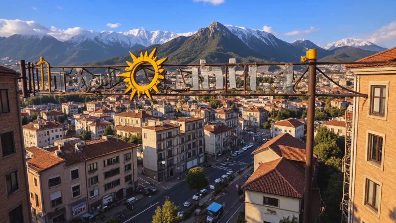  good quality, high quality, an aerial view of a sign with the word 'neo tabira' written on it, in a small future basque city surrounded by mountains at dusk, where evil corporations can be seen.